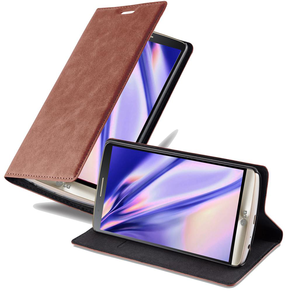 Una funda de teléfono marrón abierta con un teléfono sobre fondo blanco.