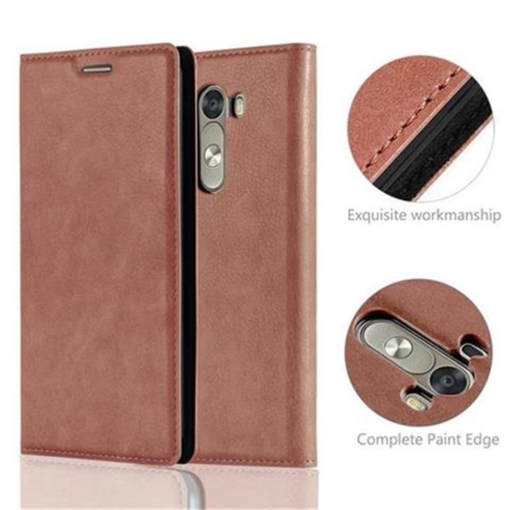 Una funda de teléfono de cuero marrón, abierta para mostrar un teléfono. Detalles en primer plano.