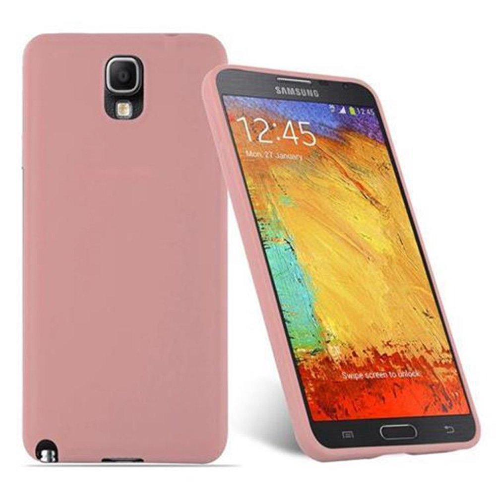 Una funda rosa con un teléfono dentro. El teléfono muestra la hora y la fecha. La funda está sobre una superficie.