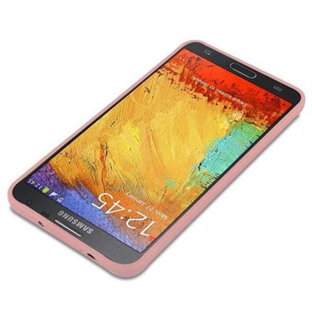 Funda rosa para teléfono con un teléfono dentro. El teléfono muestra la hora 12:45. La funda está en ángulo.