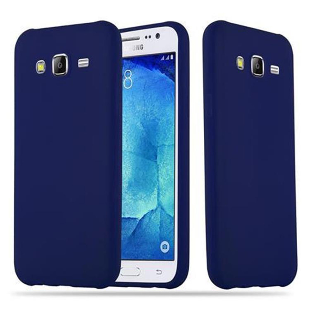 Funda azul marino para teléfono blanco. Dos fundas, una abierta, otra cerrada.
