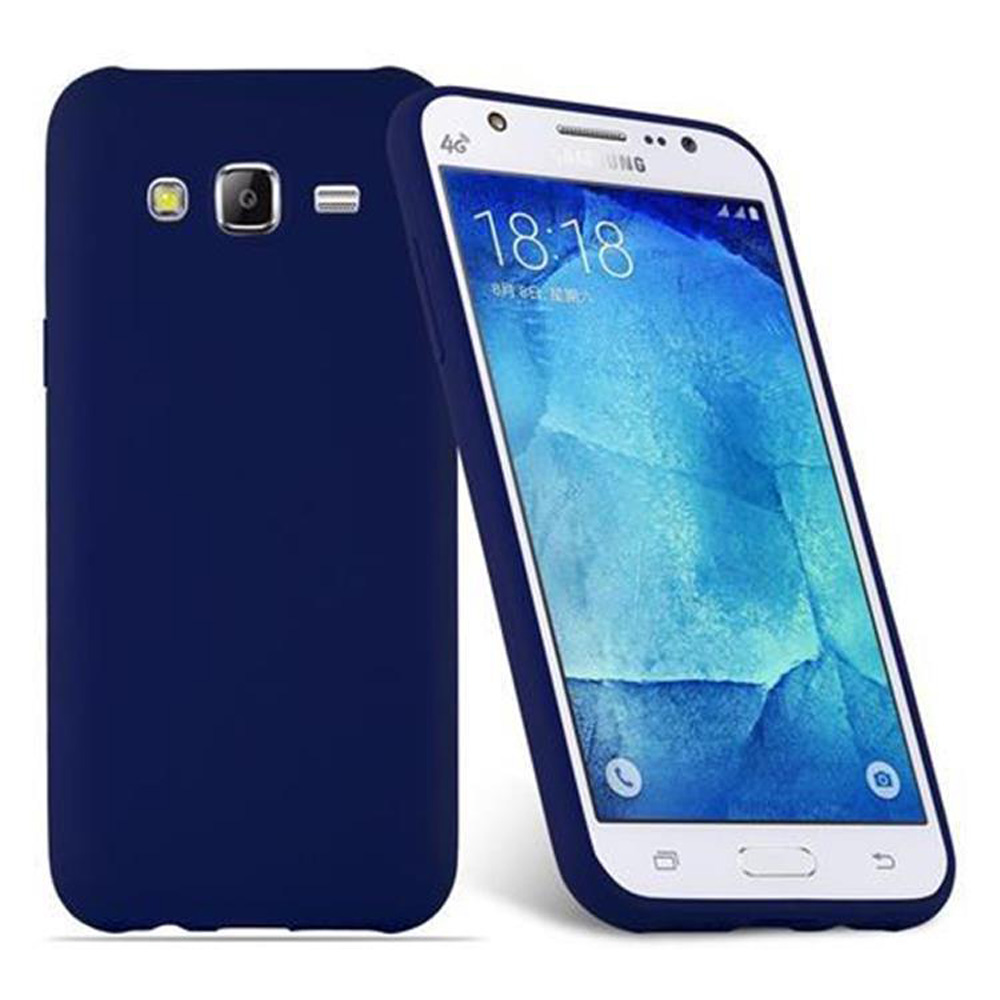 Funda azul marino para teléfono, vista trasera y frontal. Teléfono blanco dentro.