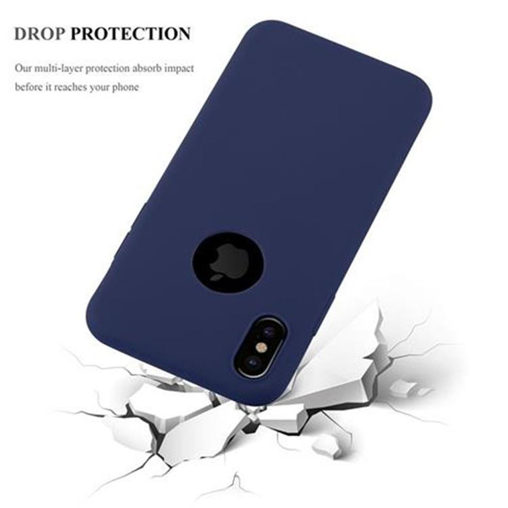 Eine marineblaue Handyhülle und ein Telefon, mit einer Beschreibung des Fallschutzes.
