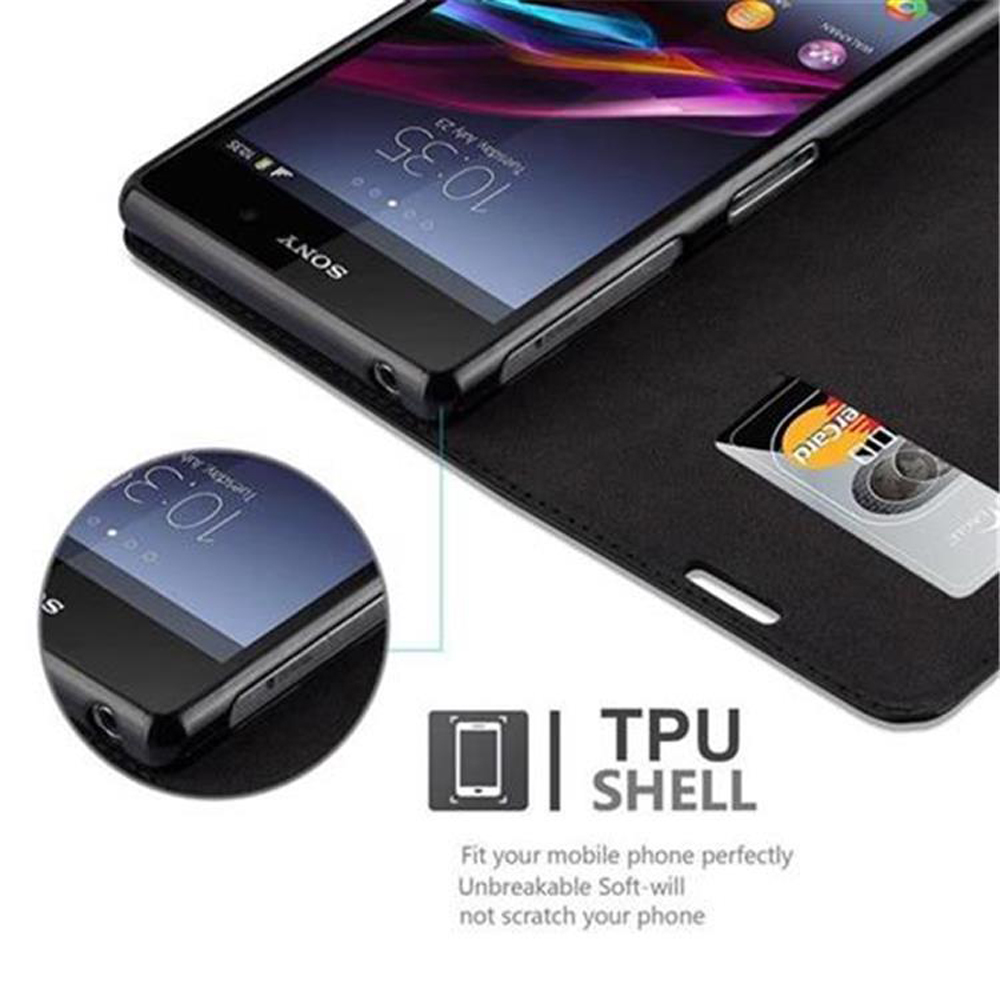 Ein schwarzes Telefon in einer Hülle mit Kartenfach. Das Telefon zeigt einen Bildschirm an. Die Hülle ist offen.