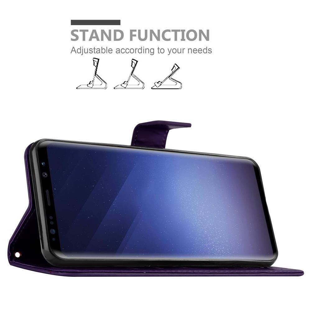 Custodia per telefono viola in posizione stand. Grafica della funzione stand sopra.