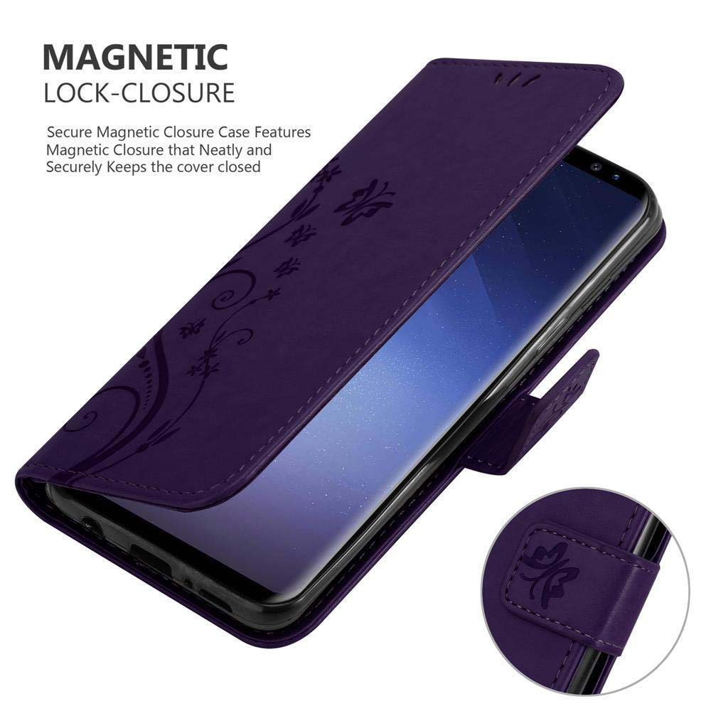 Custodia per telefono viola con design floreale, aperta per rivelare un telefono. Una piccola linguetta assicura la custodia.