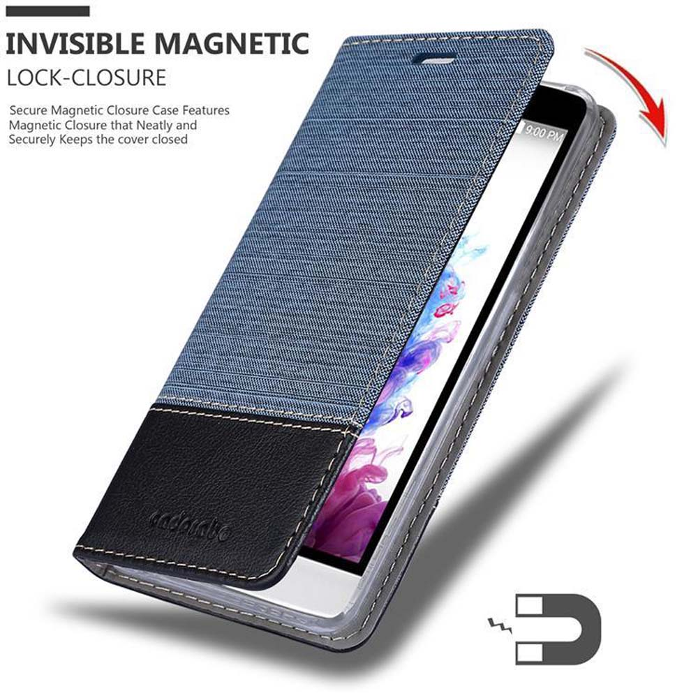 Funda de teléfono de mezclilla, abierta, mostrando la pantalla. Detalles del cierre magnético.