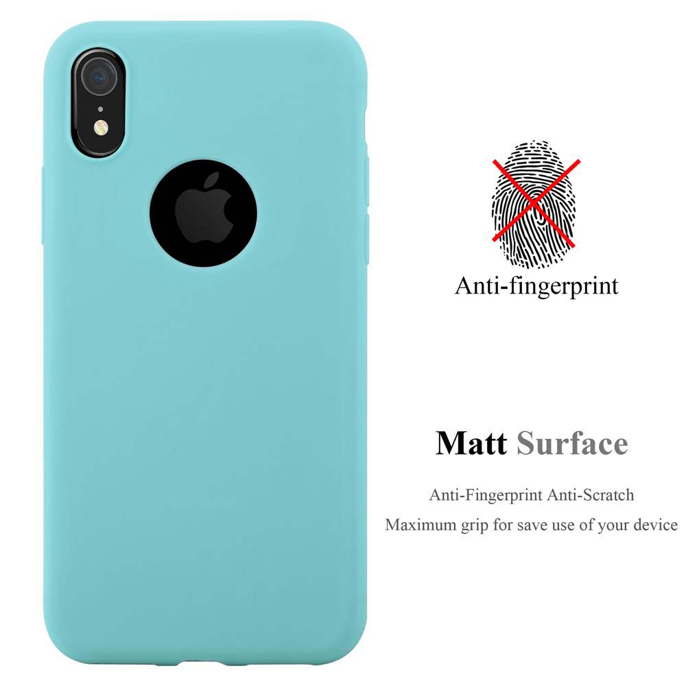 Una custodia per telefono azzurra con il logo Apple e testo anti-impronte.