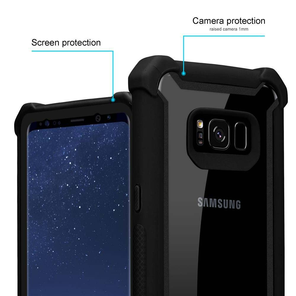Custodia nera per telefono su un telefono. Le etichette mostrano le funzioni di protezione dello schermo e della fotocamera.