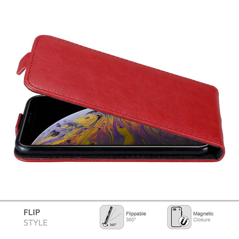 Rote Handyhülle offen, Handy sichtbar. Text: Flip Style, Fippable 360° und Magnetic Closure.