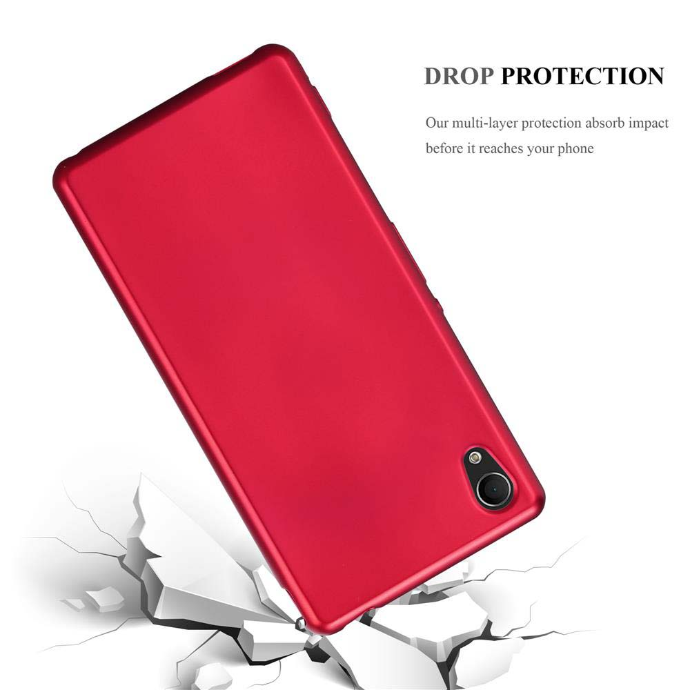 Custodia per telefono rossa che cade su una superficie incrinata. Il testo dice 'DROP PROTECTION'.