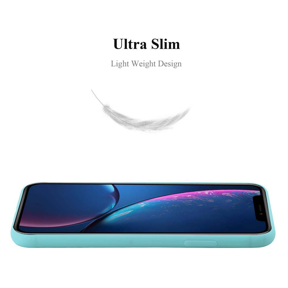 Una custodia blu per telefono con un telefono all'interno. Una piuma è sopra il telefono, suggerendo un design leggero.