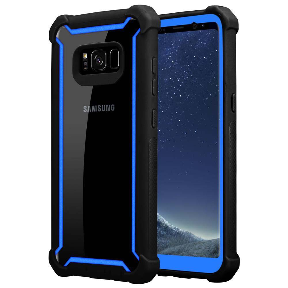 Custodia per telefono nera e blu, anteriore e posteriore. Blu intorno allo schermo. Sfondo bianco.