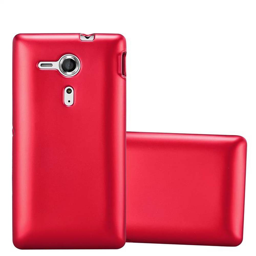 Funda roja para teléfono; la parte trasera del teléfono está a la izquierda y la funda a la derecha.