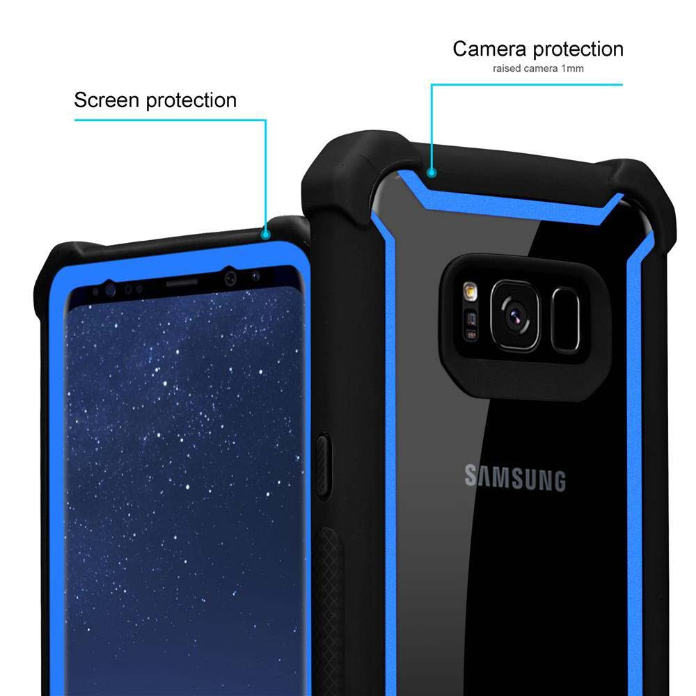 Una custodia per telefono con un telefono all'interno. La custodia è blu e il telefono è a sinistra. La custodia ha una protezione per lo schermo.