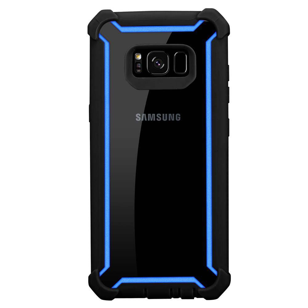 Custodia per telefono nera con bordi blu, retro trasparente.