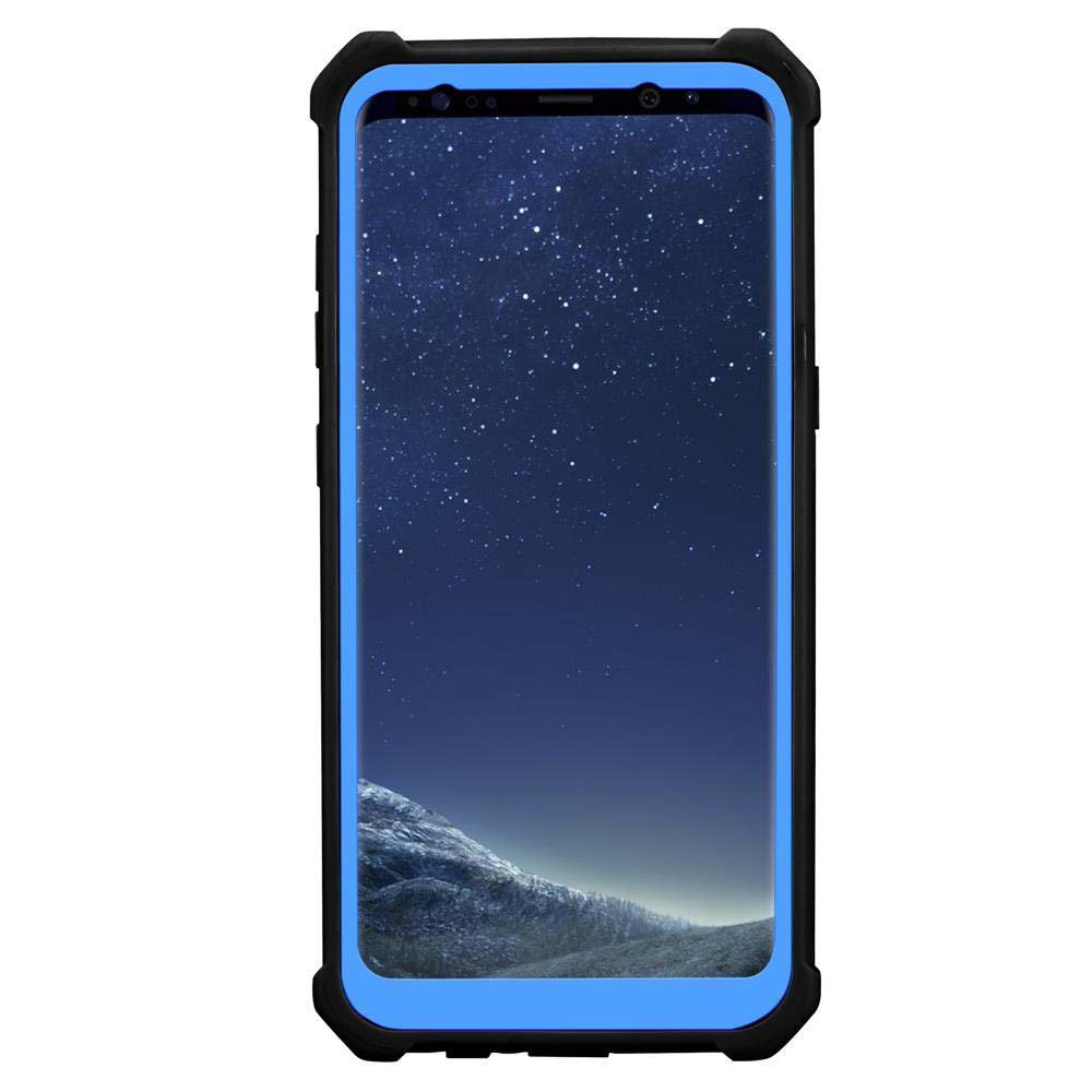 Uno smartphone con protezione schermo blu in una custodia protettiva nera. Lo schermo mostra un cielo notturno stellato.