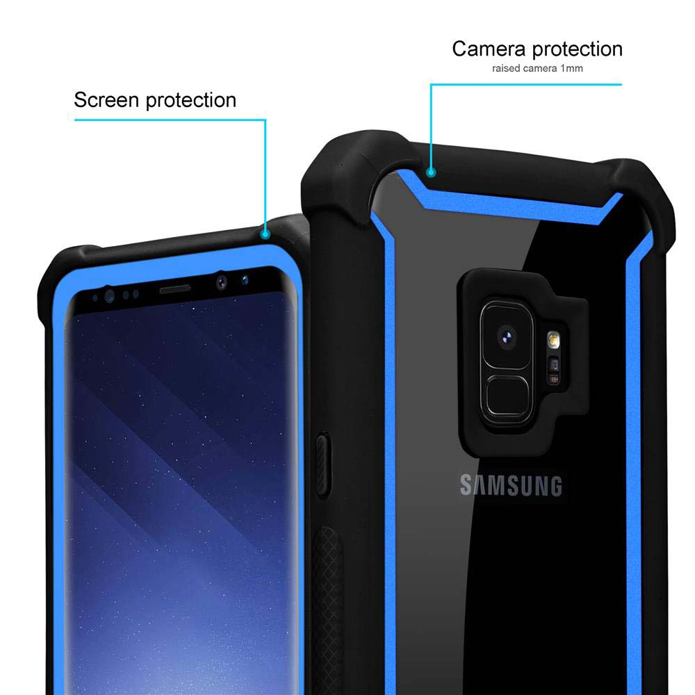 Eine Handyhülle mit Bildschirm- und Kameraschutz. Die Hülle ist schwarz und blau. Text: SAMSUNG.