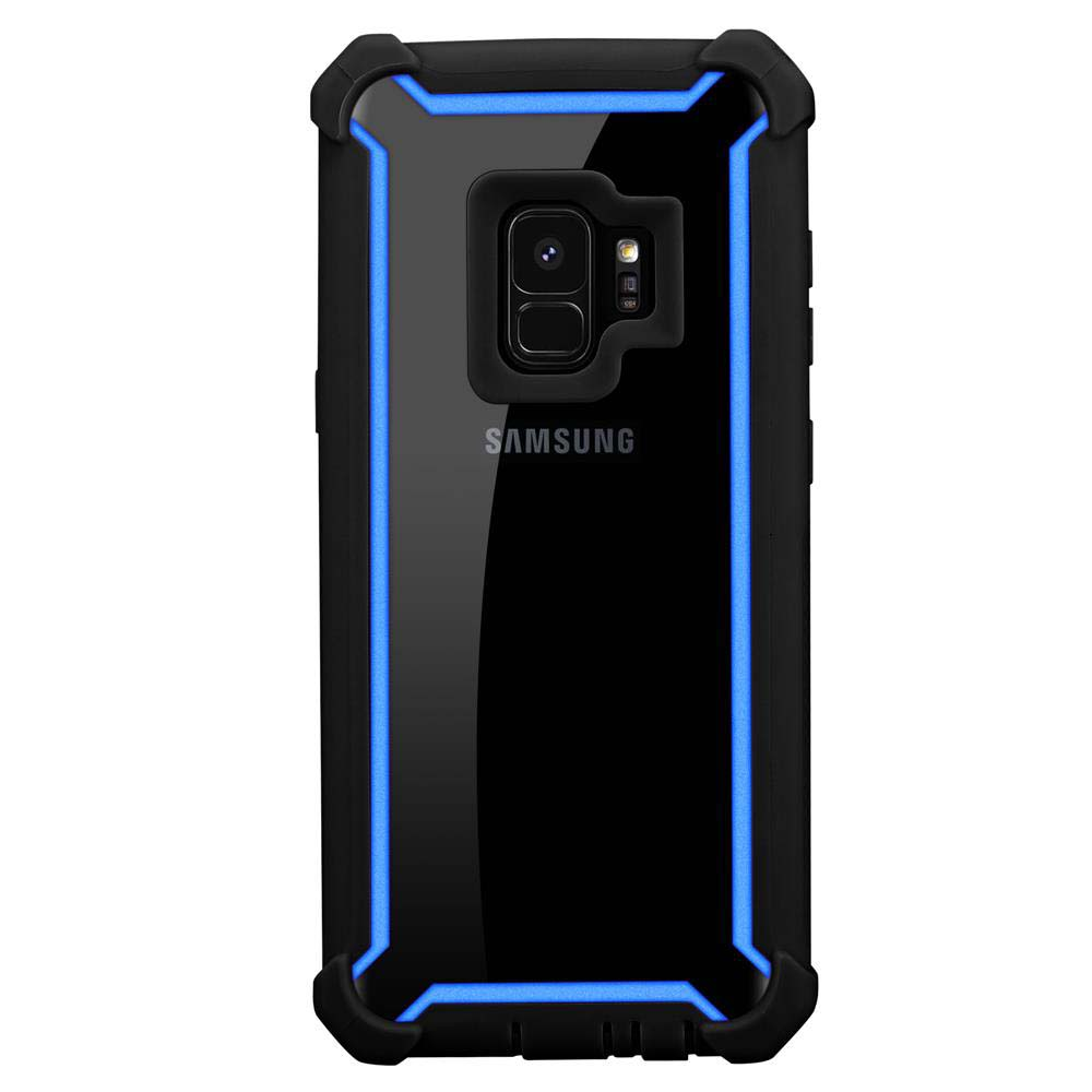 Schwarze Handyhülle mit blauen Zierleisten. Sie hat eine transparente Rückseite. Samsung-Logo auf der Rückseite.