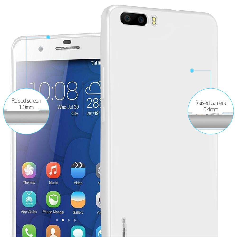 Telefono bianco con dettagli dello schermo e della fotocamera, con indicatori di testo. Sfondo bianco.