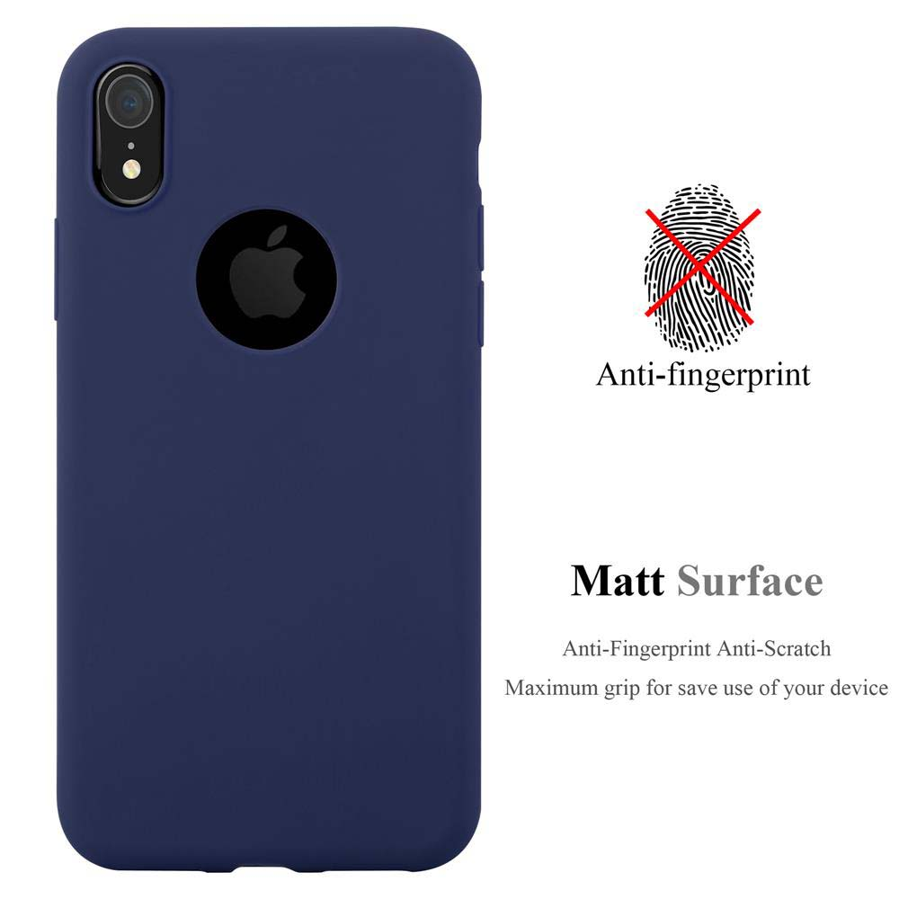 Custodia per telefono blu scuro con logo Apple. Icona impronta digitale e testo "Superficie opaca". Sfondo bianco.
