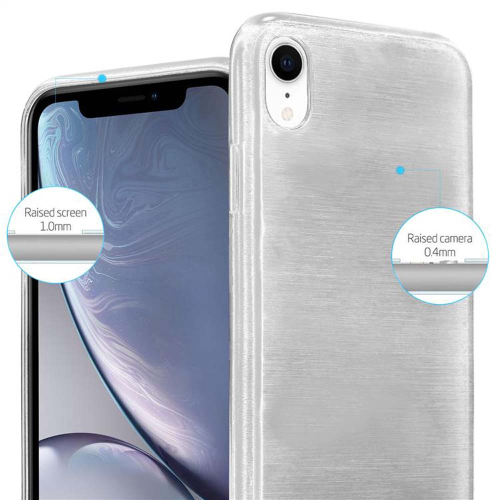 Una custodia trasparente per telefono su un telefono, con bordi rialzati per schermo e fotocamera. È trasparente con finitura lucida.