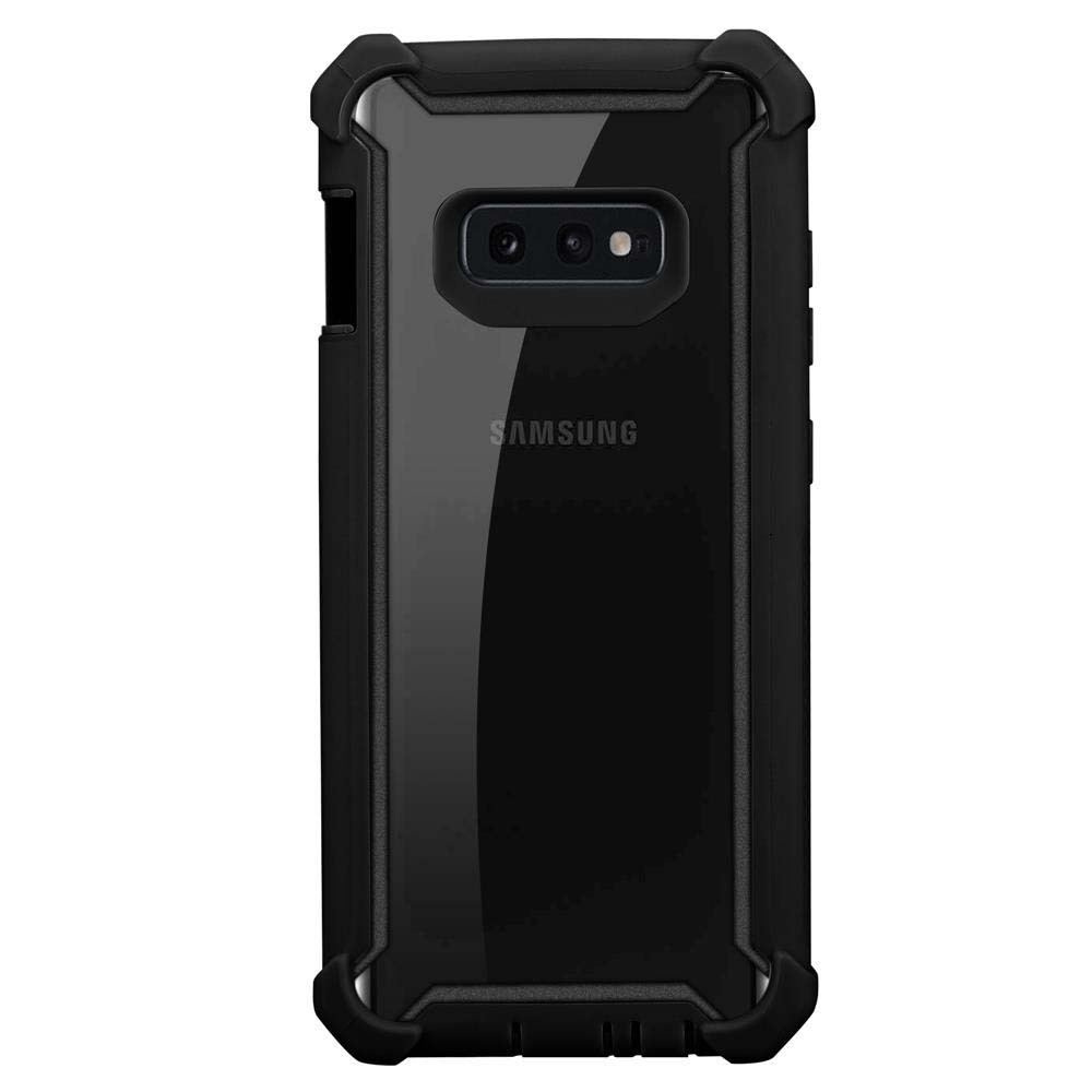 Eine schwarze Handyhülle mit einem Telefon darin, auf weißem Hintergrund.