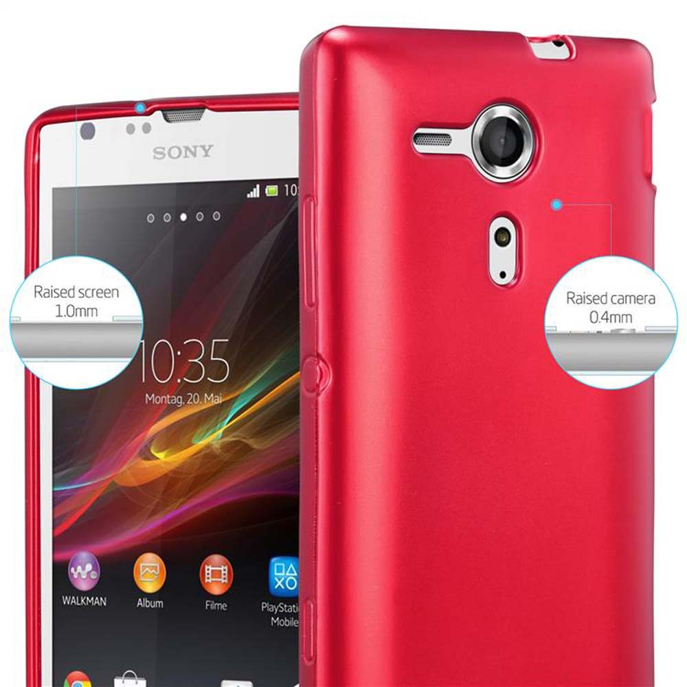 Funda roja para teléfono con teléfono dentro. Pantalla muestra hora e iconos.