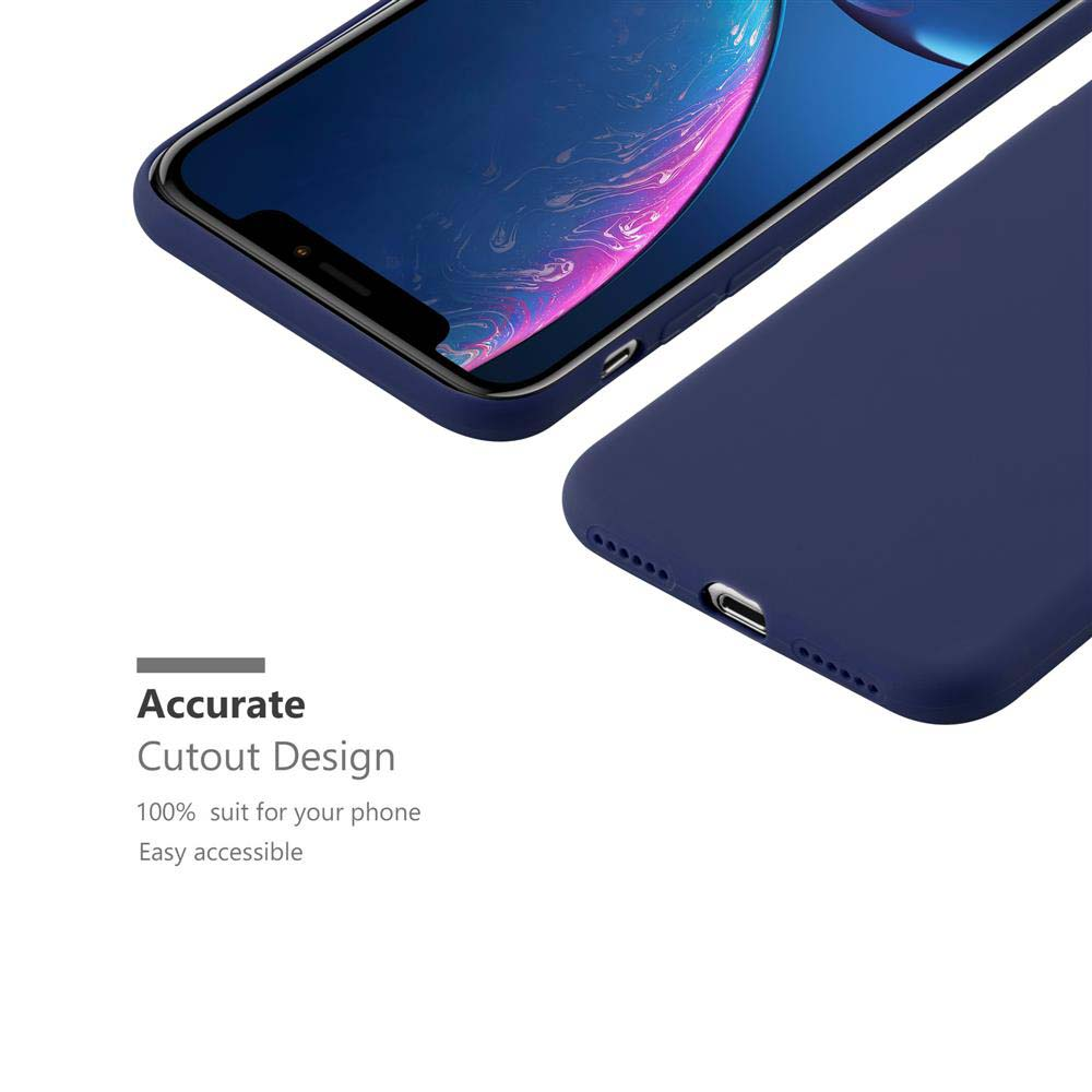 Una custodia per telefono su sfondo bianco. La custodia e il telefono sono blu navy, lo schermo è visibile.