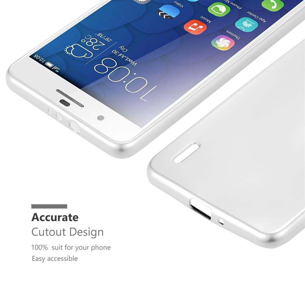 Un telefono bianco e una custodia bianca. Testo: Design ritaglio accurato. Facilemente accessibile.