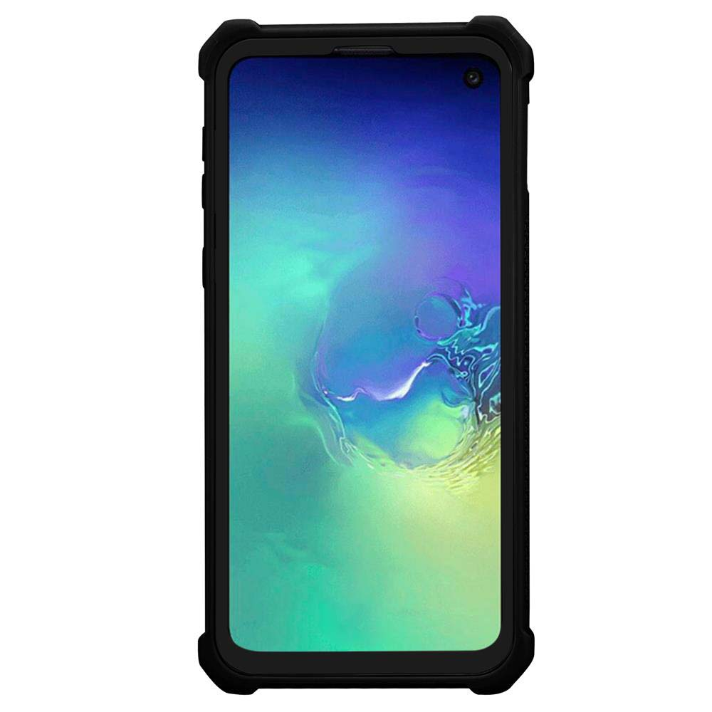 Schwarzes Telefon in einer schwarzen Hülle. Die Handyhülle hat ein robustes Design.