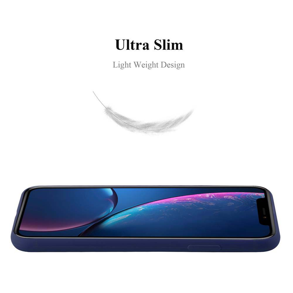 Una custodia blu per telefono con un telefono all'interno, su sfondo bianco. Testo: 'Ultra Slim' e viene mostrata una piuma.
