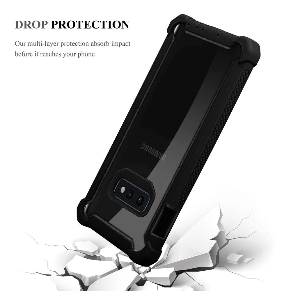 Eine schwarze Handyhülle mit Telefon darin, auf zerbrochener weißer Oberfläche.