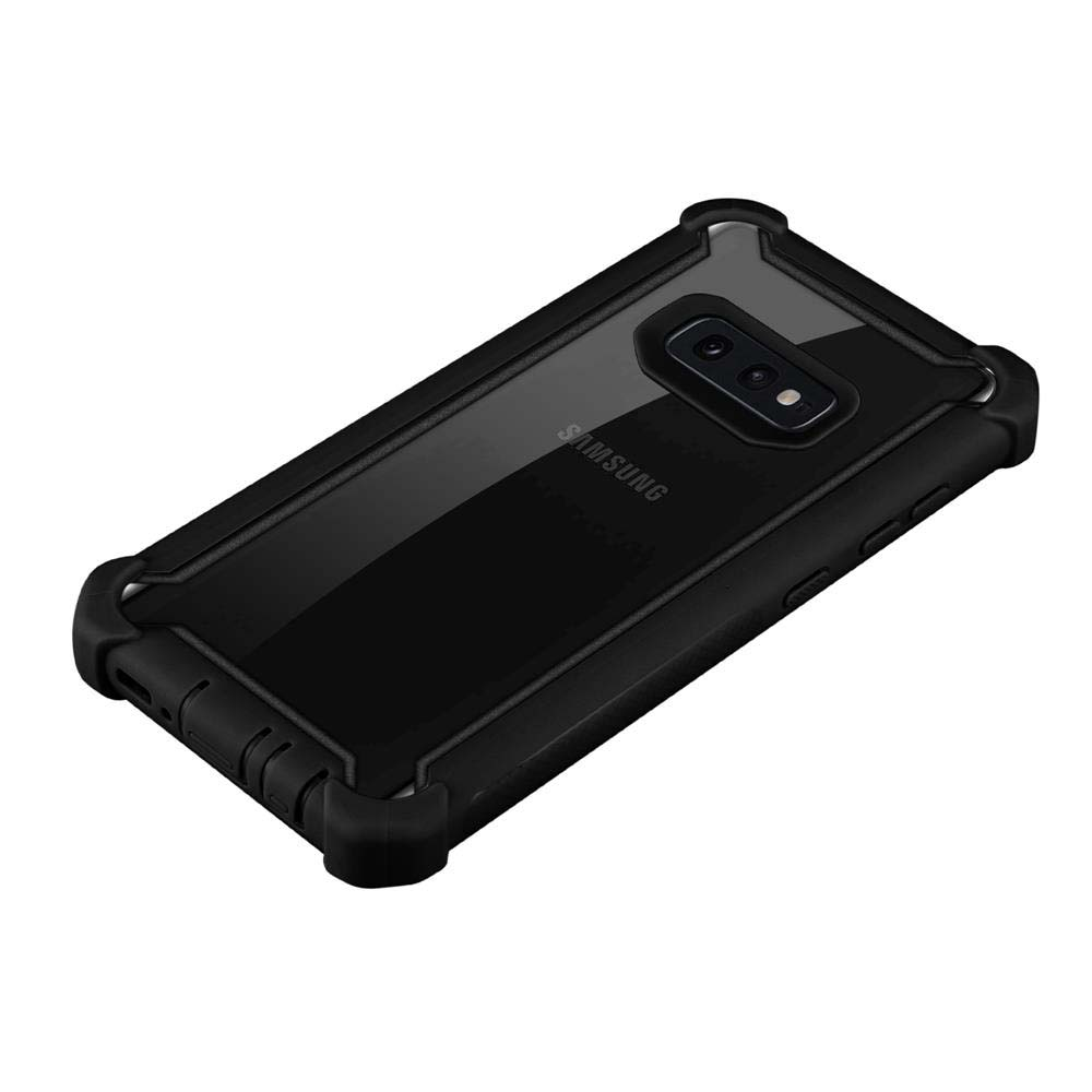 Schwarze Handyhülle mit Telefon, zeigt Seite und Rückseite.