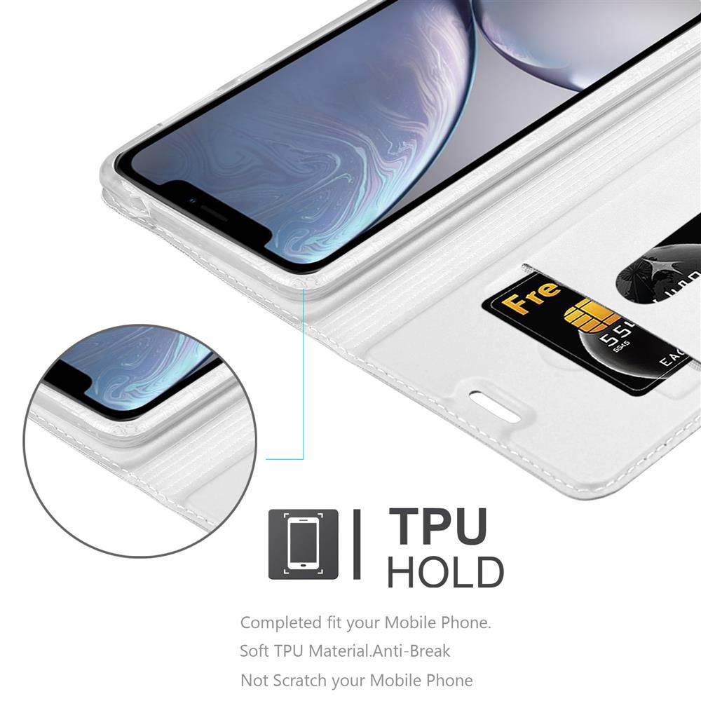 Custodia bianca per telefono con telefono e carta di credito. Testo: Supporto TPU, materiale morbido, anti-rottura.