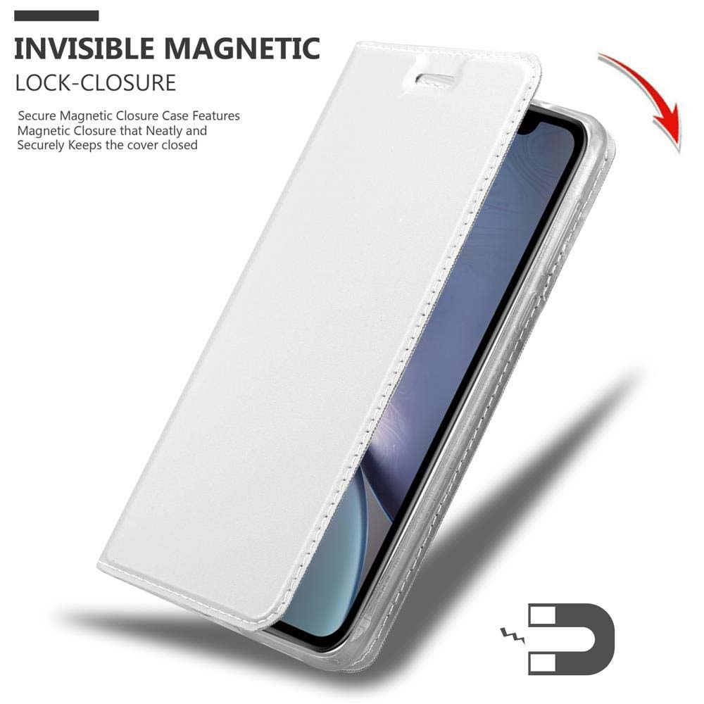 Custodia bianca per telefono con coperchio aperto, con un magnete e un'icona a freccia.