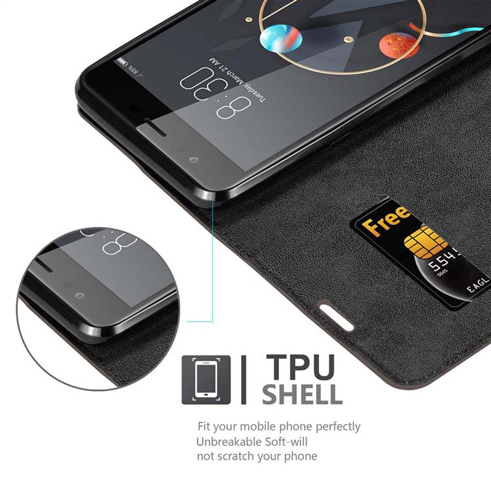 Ein schwarzes Telefon in einer schwarzen Hülle mit Kartensteckplatz. Die TPU-Schale wird durch einen Kreis hervorgehoben.