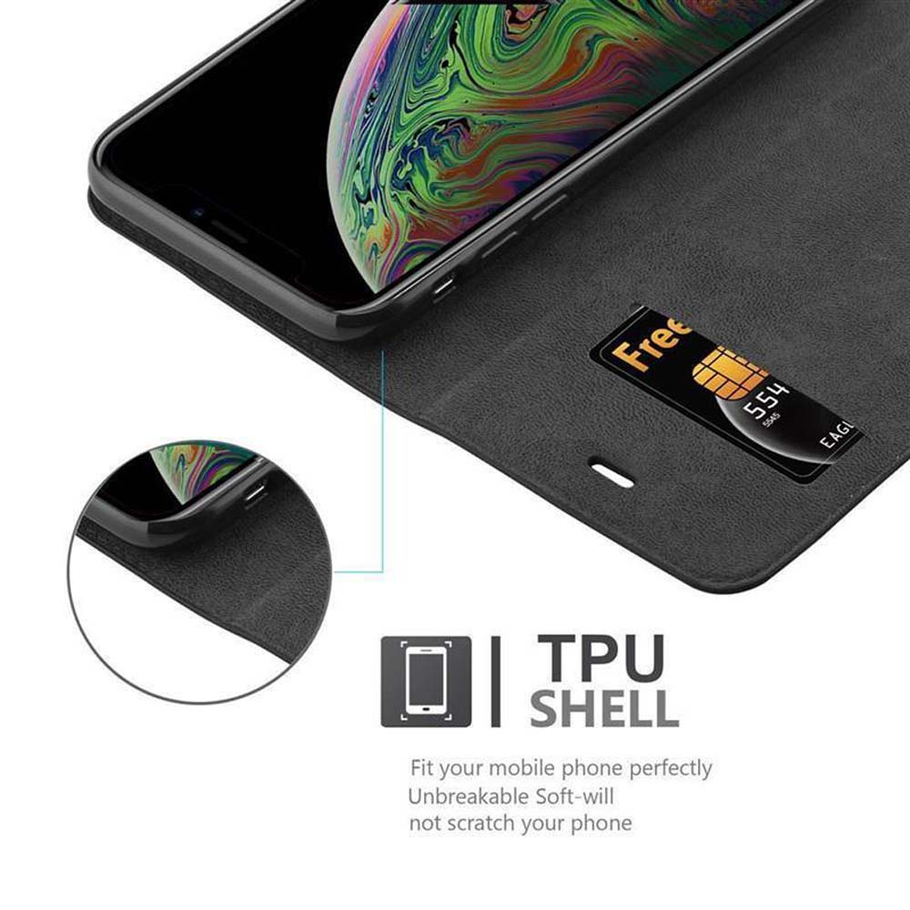 Ein schwarzes Telefon in einer Brieftasche, eine Karte ist sichtbar. Text sagt 'TPU SHELL' und 'Unbreakable Soft-will'.