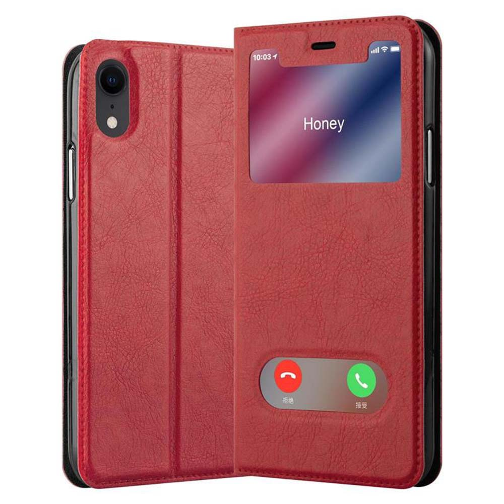 Custodia per telefono rossa con una chiamata in arrivo sullo schermo. Lo sfondo è la custodia del telefono.