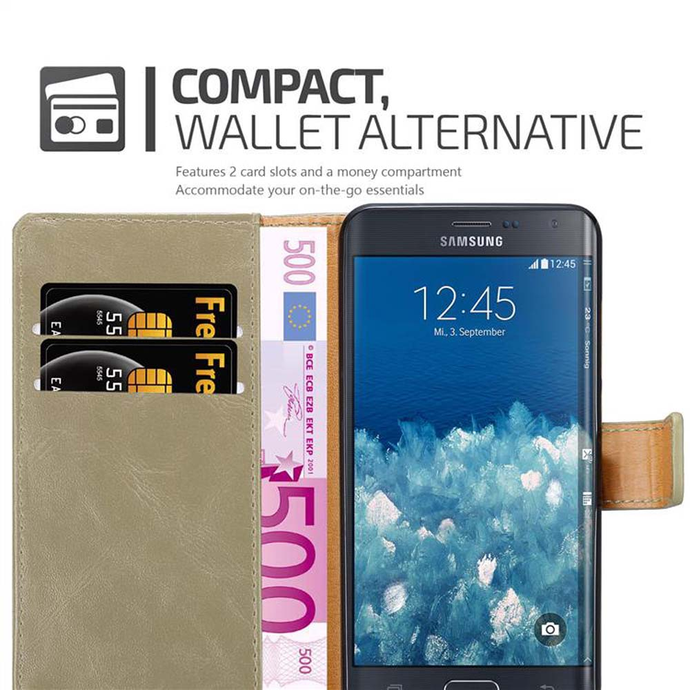 Custodia per telefono con carte, denaro e telefono. Testo: 'COMPACT, WALLET ALTERNATIVE'.