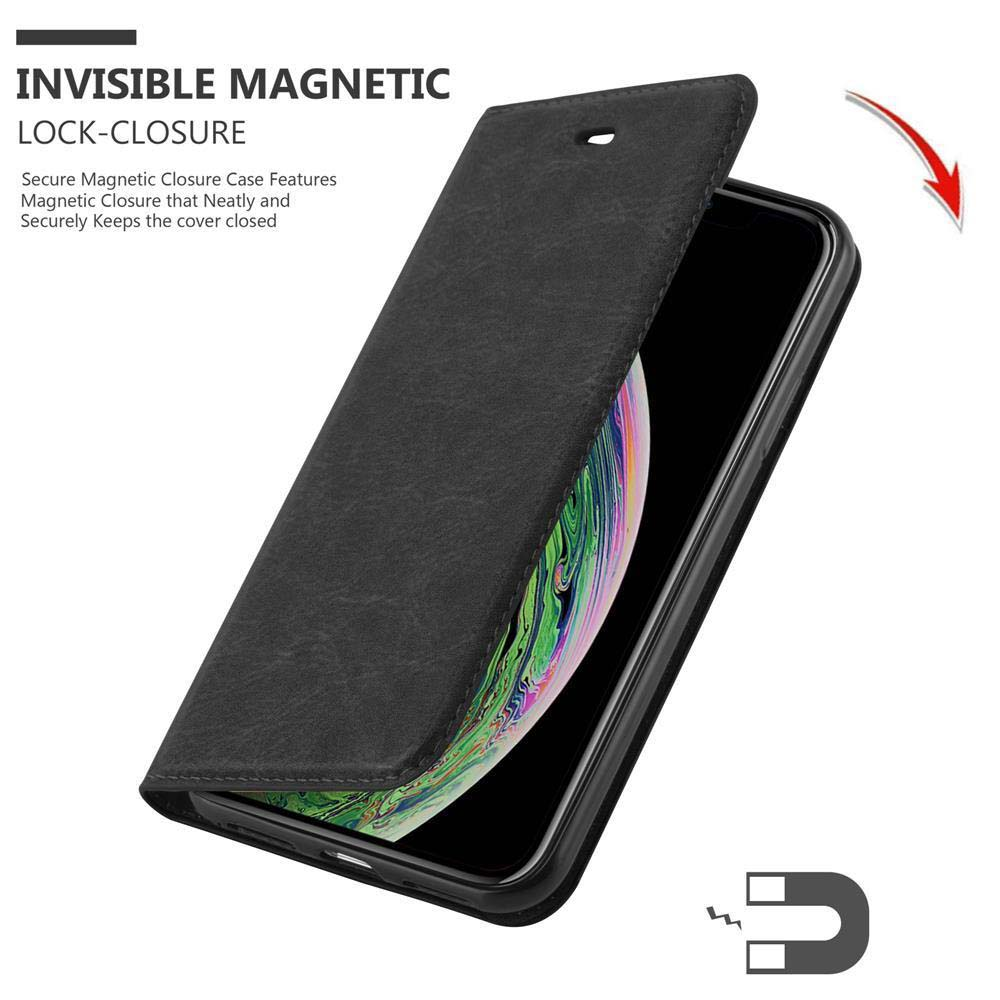 Schwarzes Telefon in einer Hülle, teilweise geöffnet. Das Telefon hat einen Bildschirm. Ein Magnetsymbol.