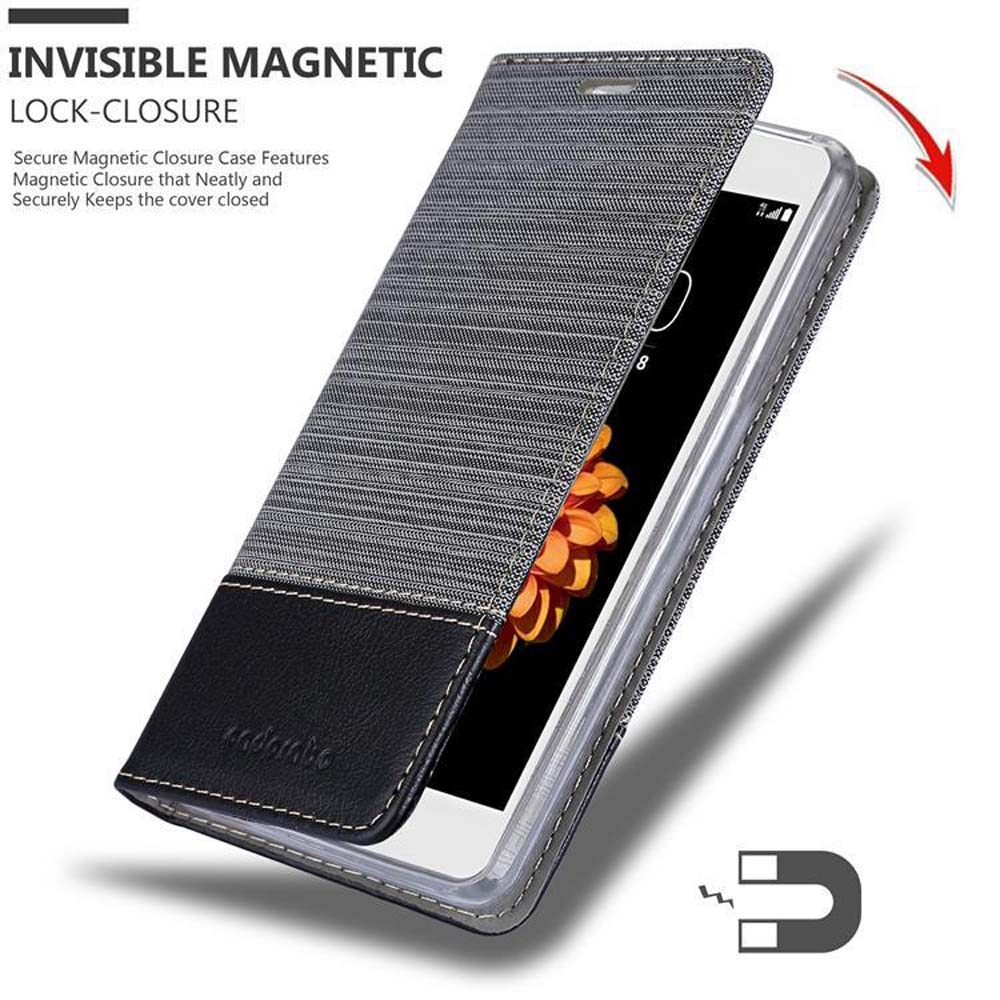 Teléfono en una funda gris, parcialmente abierto. La funda tiene cierre magnético.