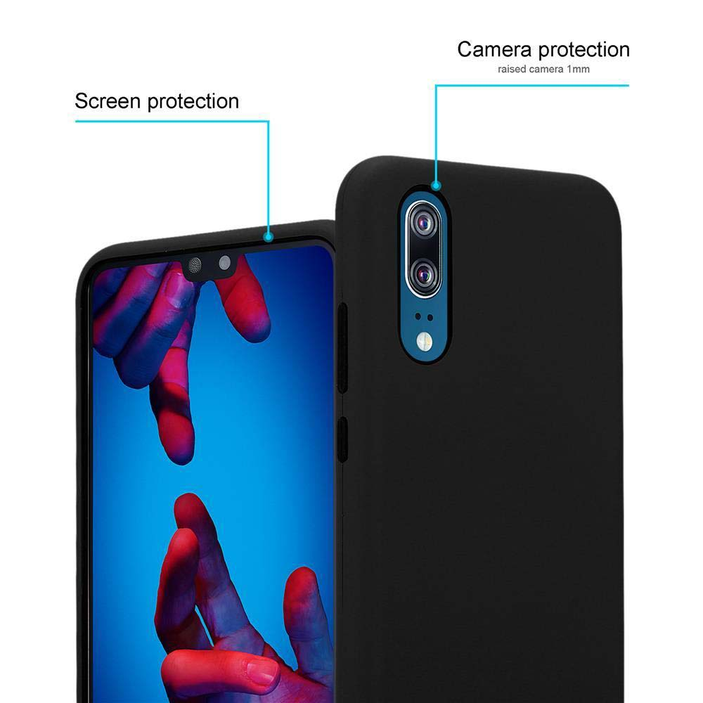 Una custodia nera per telefono che protegge lo schermo e la fotocamera, con etichette.