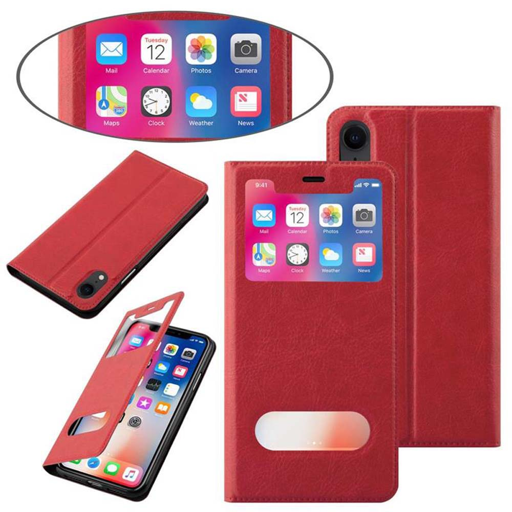 Custodia per telefono rossa con telefono all'interno, chiusa e aperta. Lo schermo del telefono è visibile. Sfondo bianco.