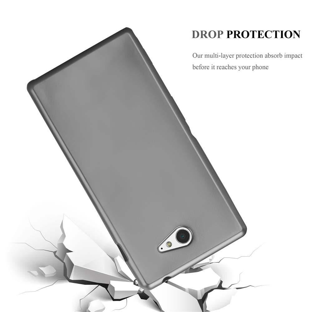 Una custodia grigia per telefono con un telefono all'interno. La custodia è sopra una superficie rotta, con testo di protezione dalle cadute.