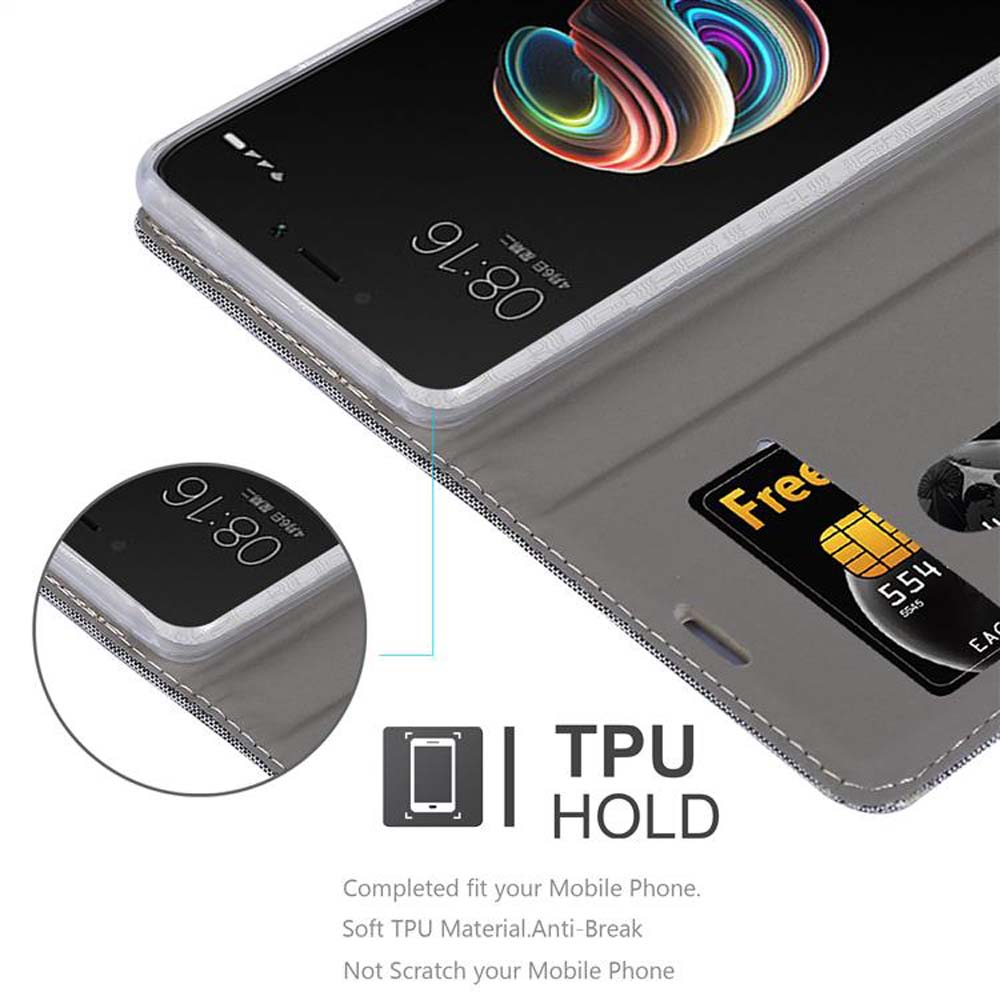 Geöffnete Handyhülle mit Telefon. Kartenfach sichtbar. Text: TPU HOLD, Anti-Bruch.