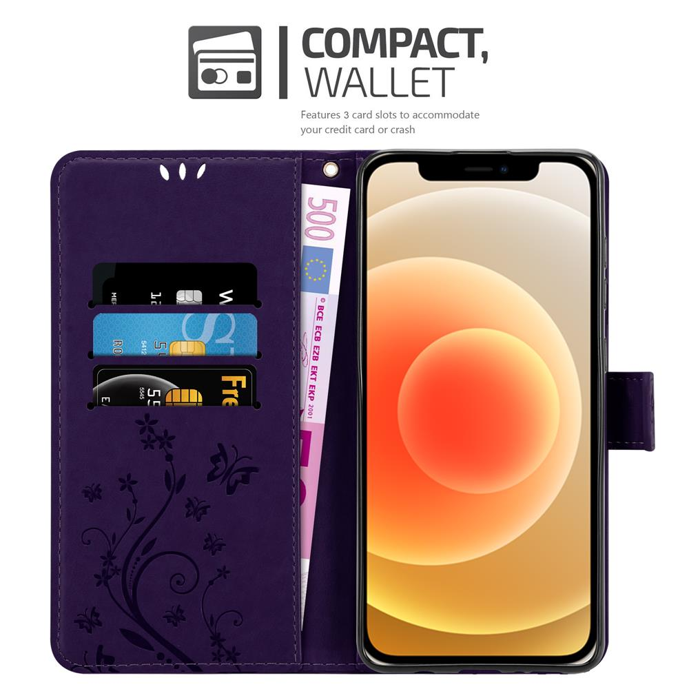 Custodia a portafoglio viola con telefono all'interno. Carte di credito e denaro visibili.