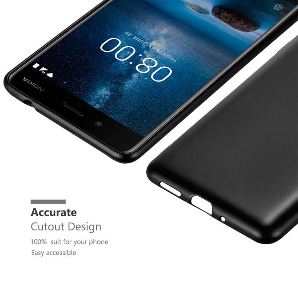 Schwarzes Telefon, schwarze Hülle. Nahaufnahme. Weißer Hintergrund.