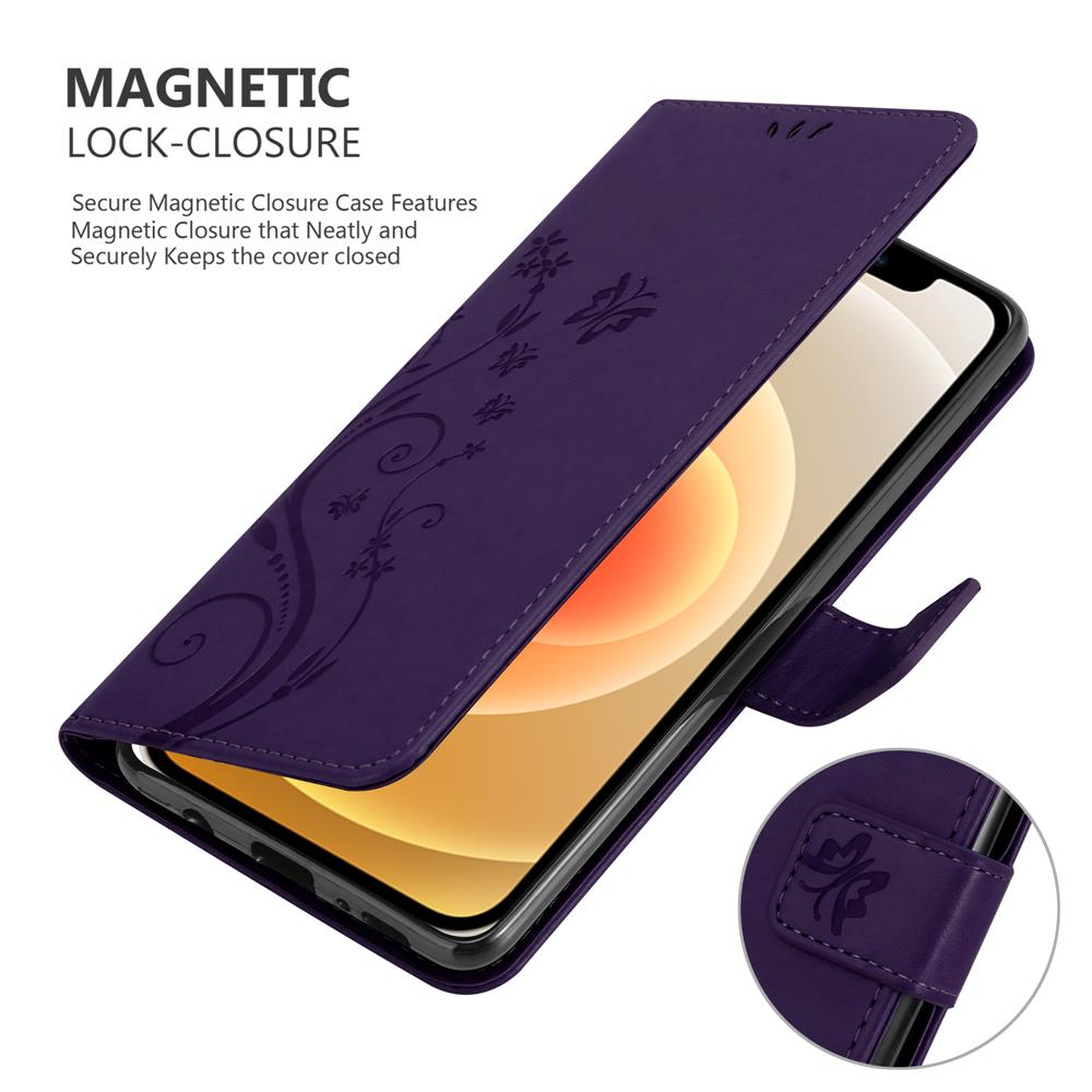 Custodia viola aperta per rivelare un telefono, con design floreale e chiusura magnetica.