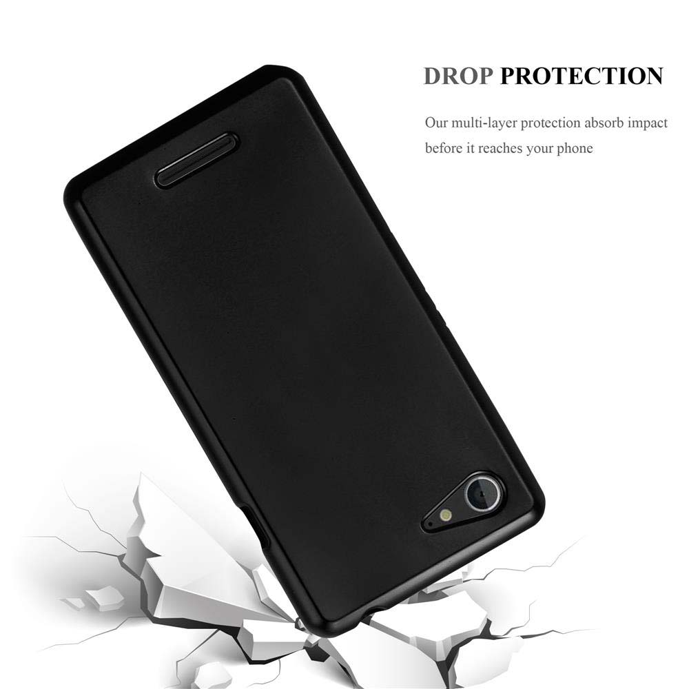 Funda de teléfono negra, teléfono rompiendo superficie. Texto Protección contra caídas.